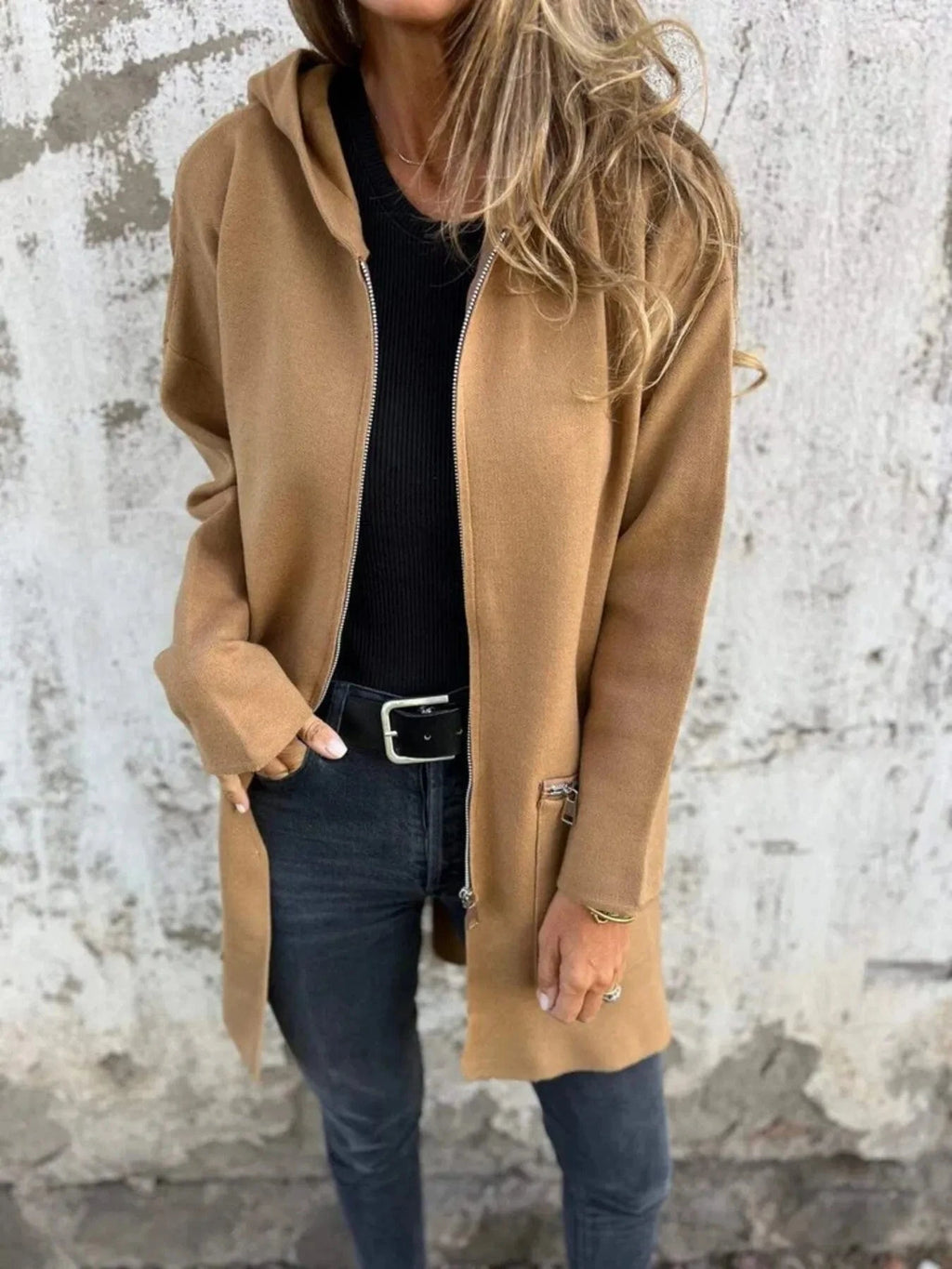 Full Size Zip Up Long Sleeve Hooded Outerwear Plus Size - ShalayeFashion
