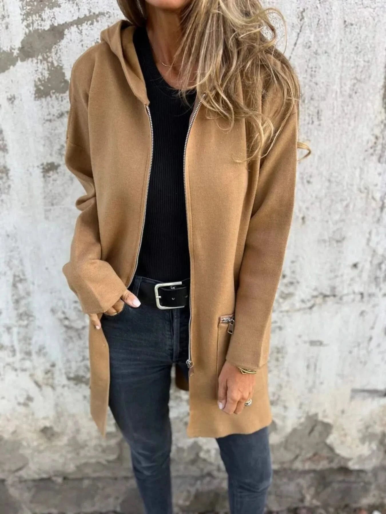 Full Size Zip Up Long Sleeve Hooded Outerwear Plus Size - ShalayeFashion