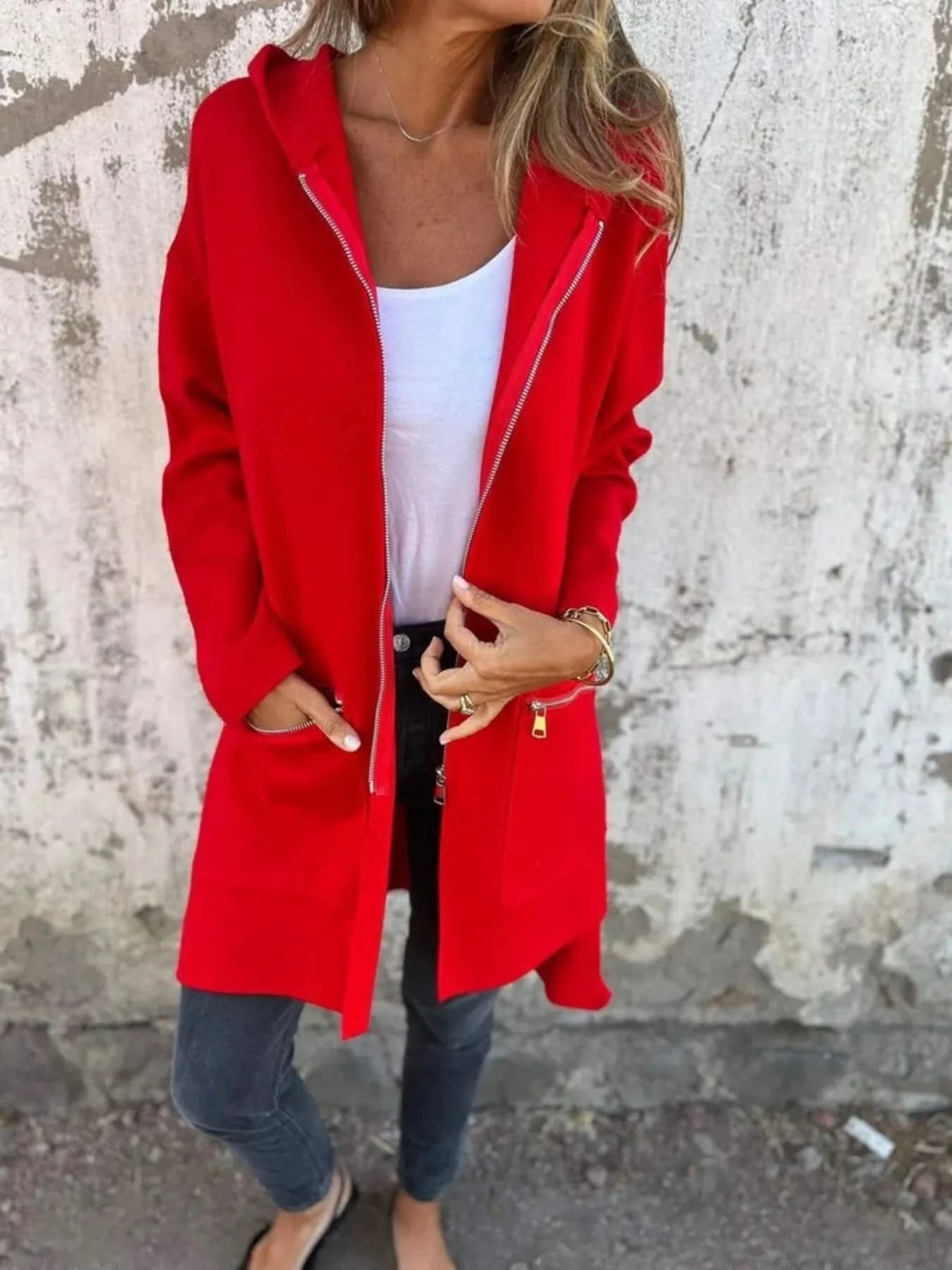 Full Size Zip Up Long Sleeve Hooded Outerwear Plus Size - ShalayeFashion