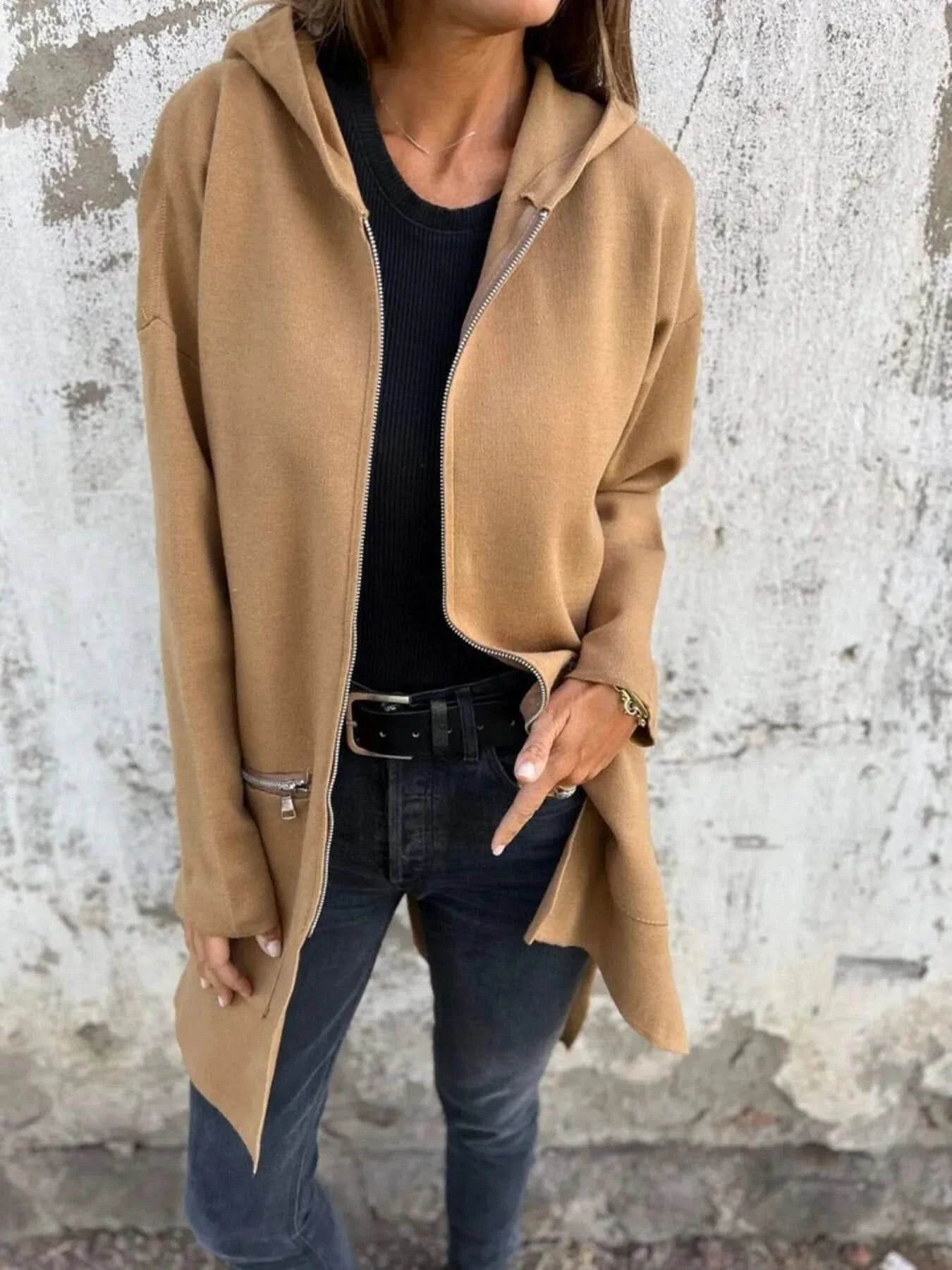 Full Size Zip Up Long Sleeve Hooded Outerwear Plus Size - ShalayeFashion