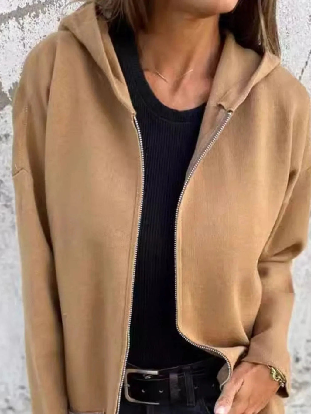 Full Size Zip Up Long Sleeve Hooded Outerwear Plus Size - ShalayeFashion