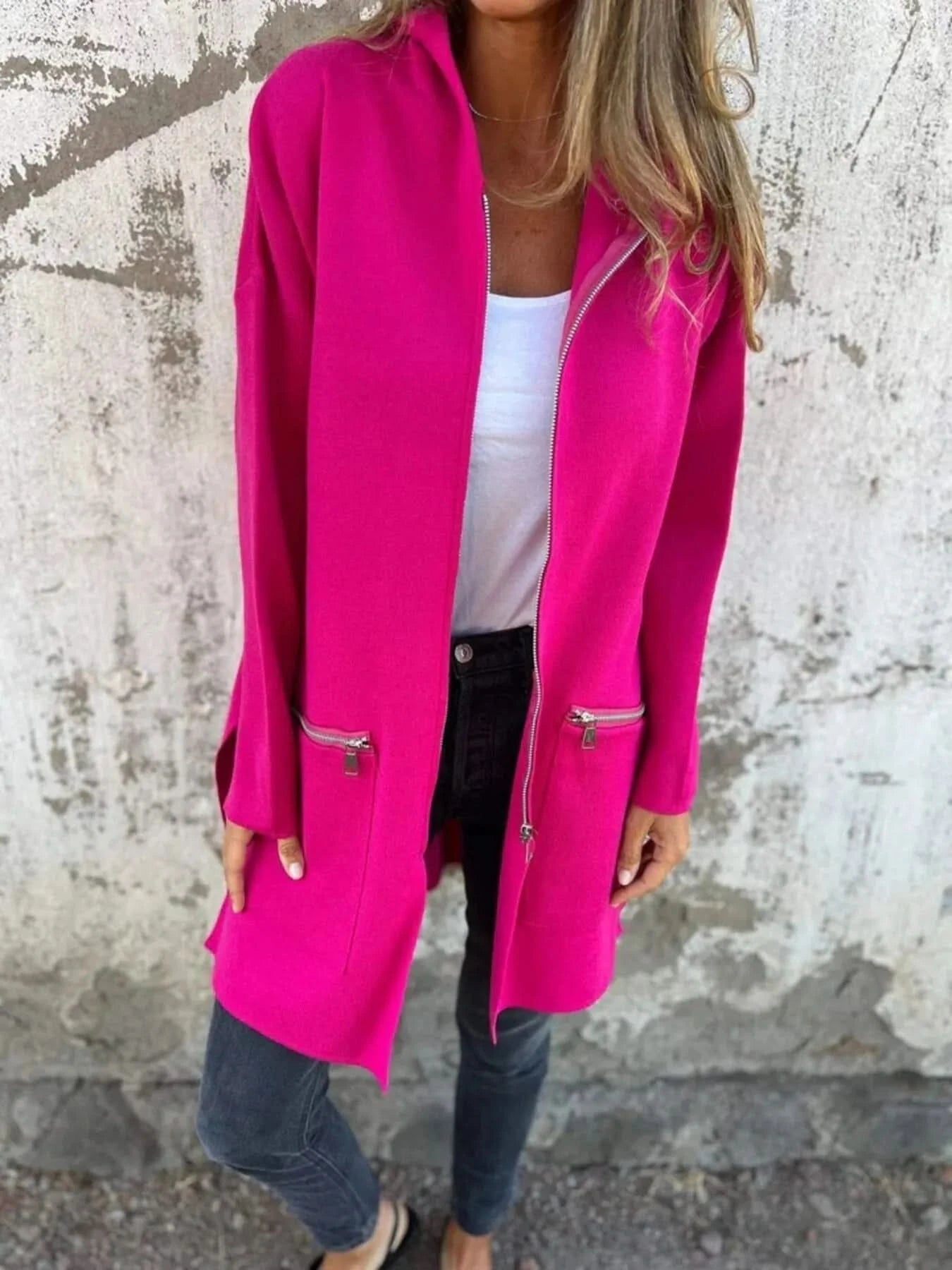 Full Size Zip Up Long Sleeve Hooded Outerwear Plus Size - ShalayeFashion