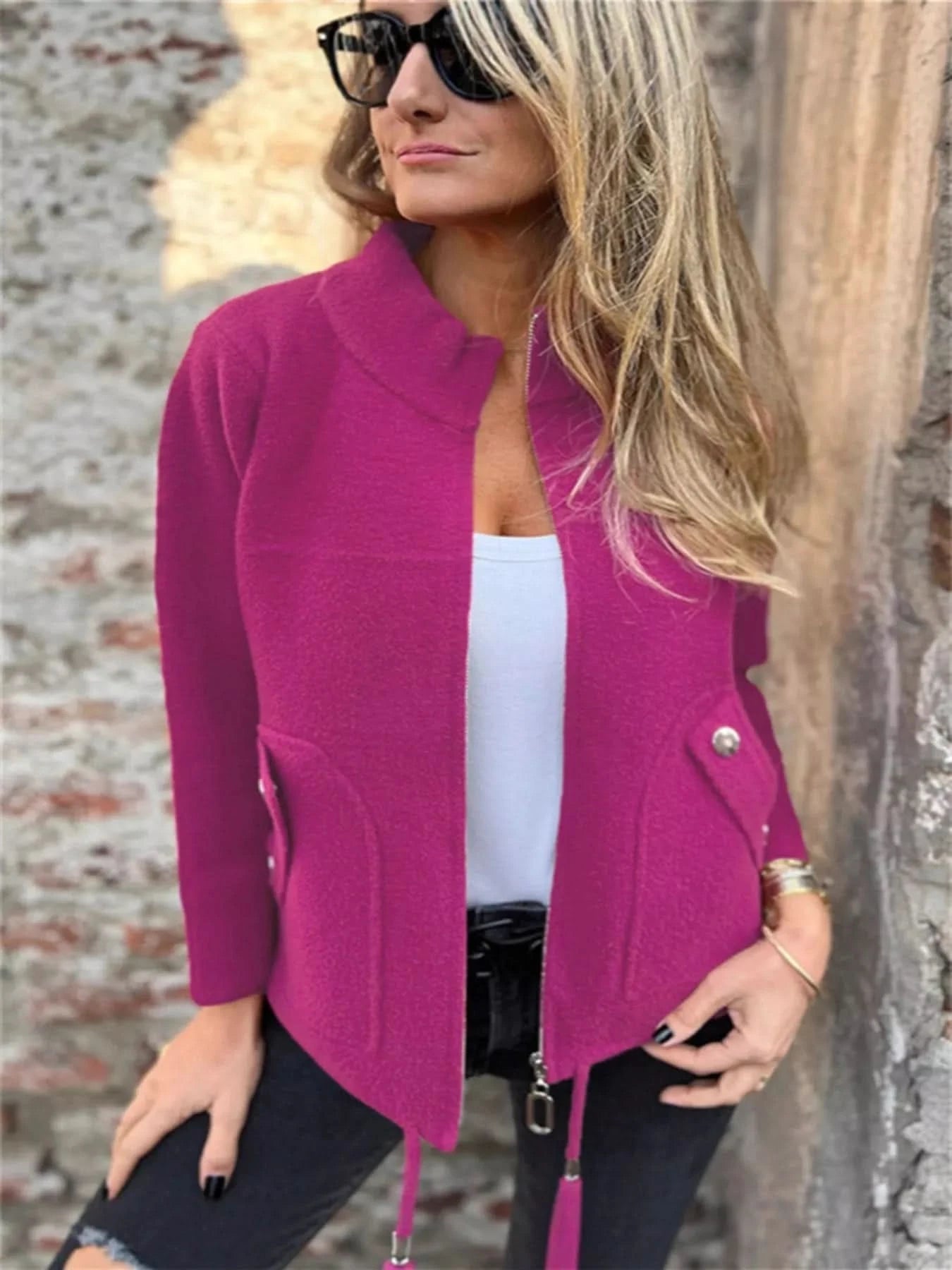 Full Size Zip - Up Long Sleeve Outerwear Plus Size - ShalayeFashion