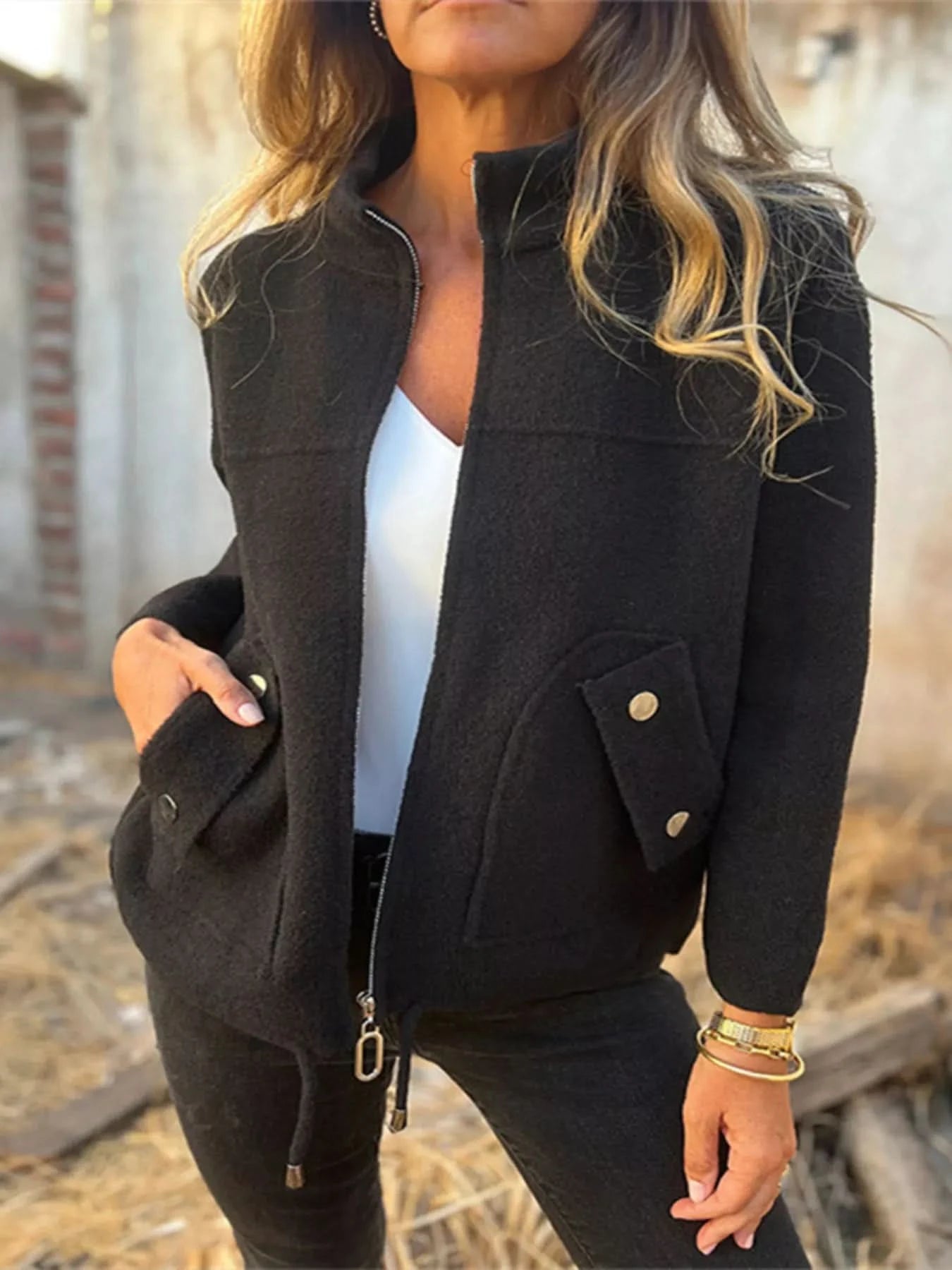 Full Size Zip - Up Long Sleeve Outerwear Plus Size - ShalayeFashion