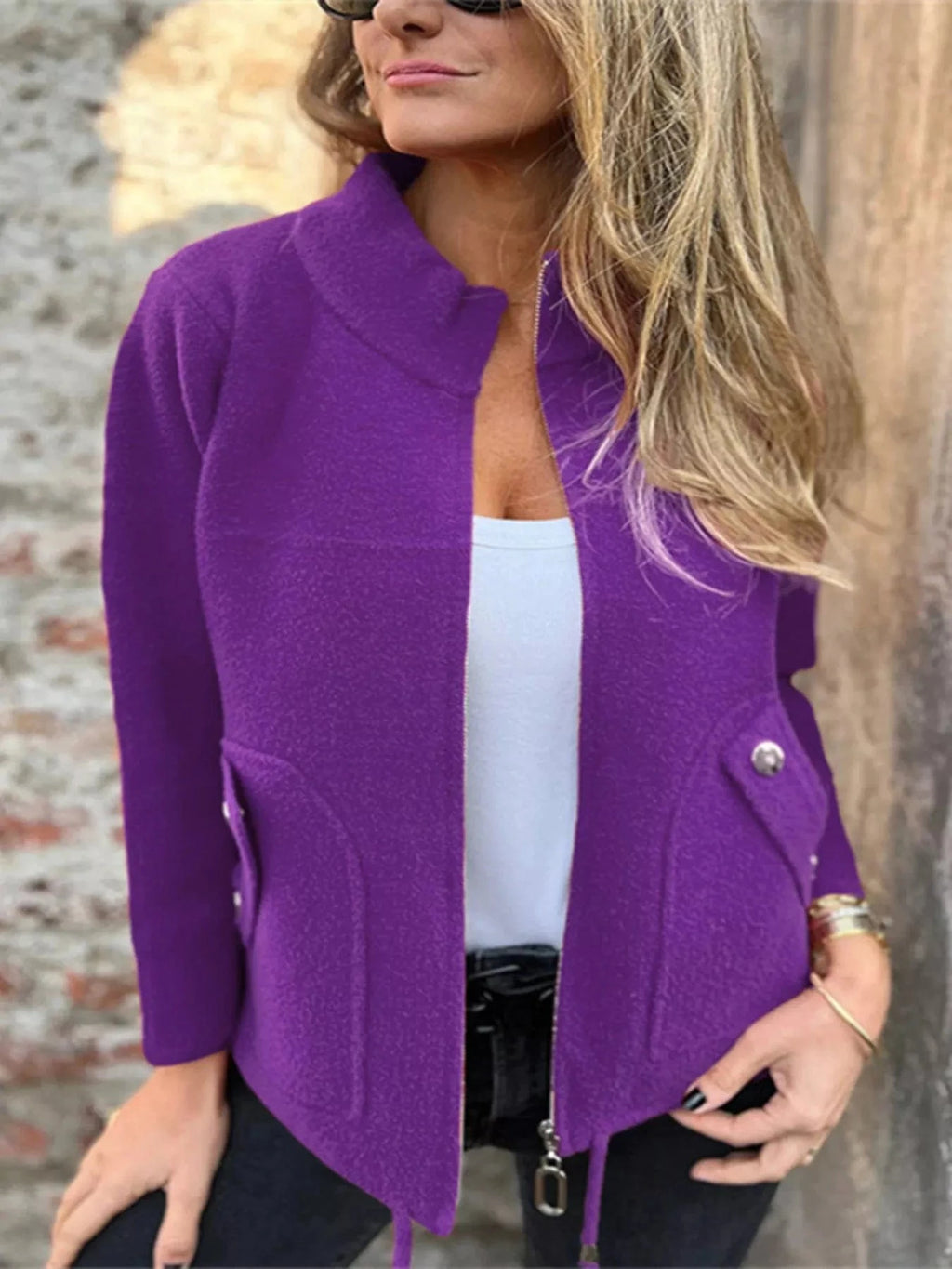 Full Size Zip - Up Long Sleeve Outerwear Plus Size - ShalayeFashion
