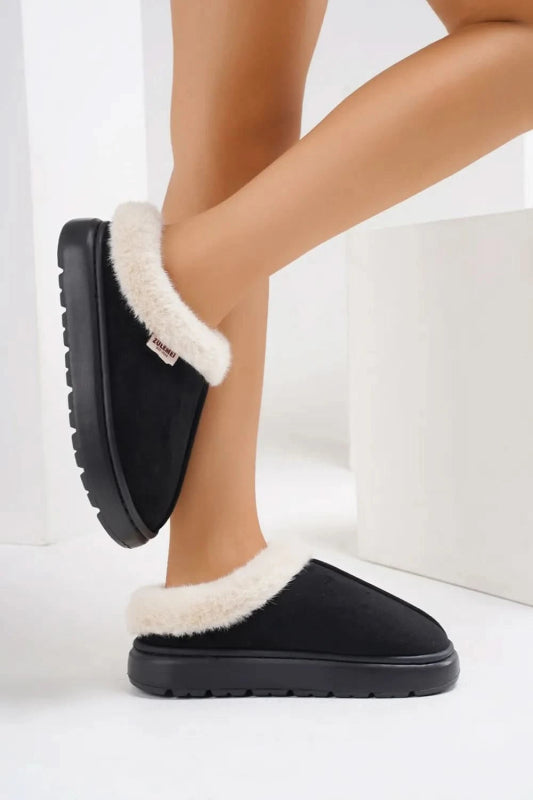 Furry Round Toe Platform Slippers - ShalayeFashion