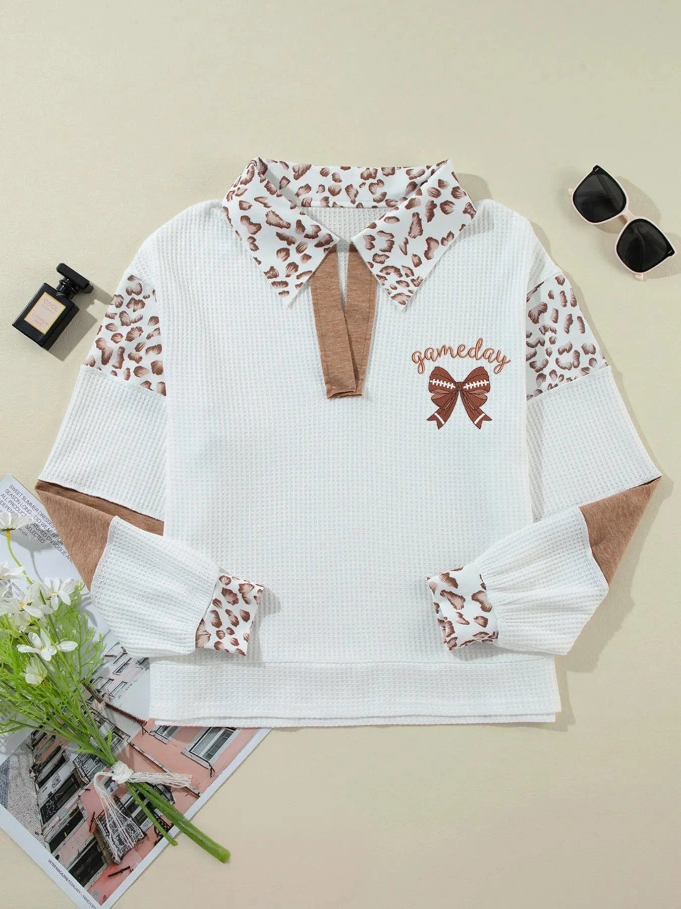 Game Day Bow Embroidered Leopard Color Block Patchwork Top - ShalayeFashion