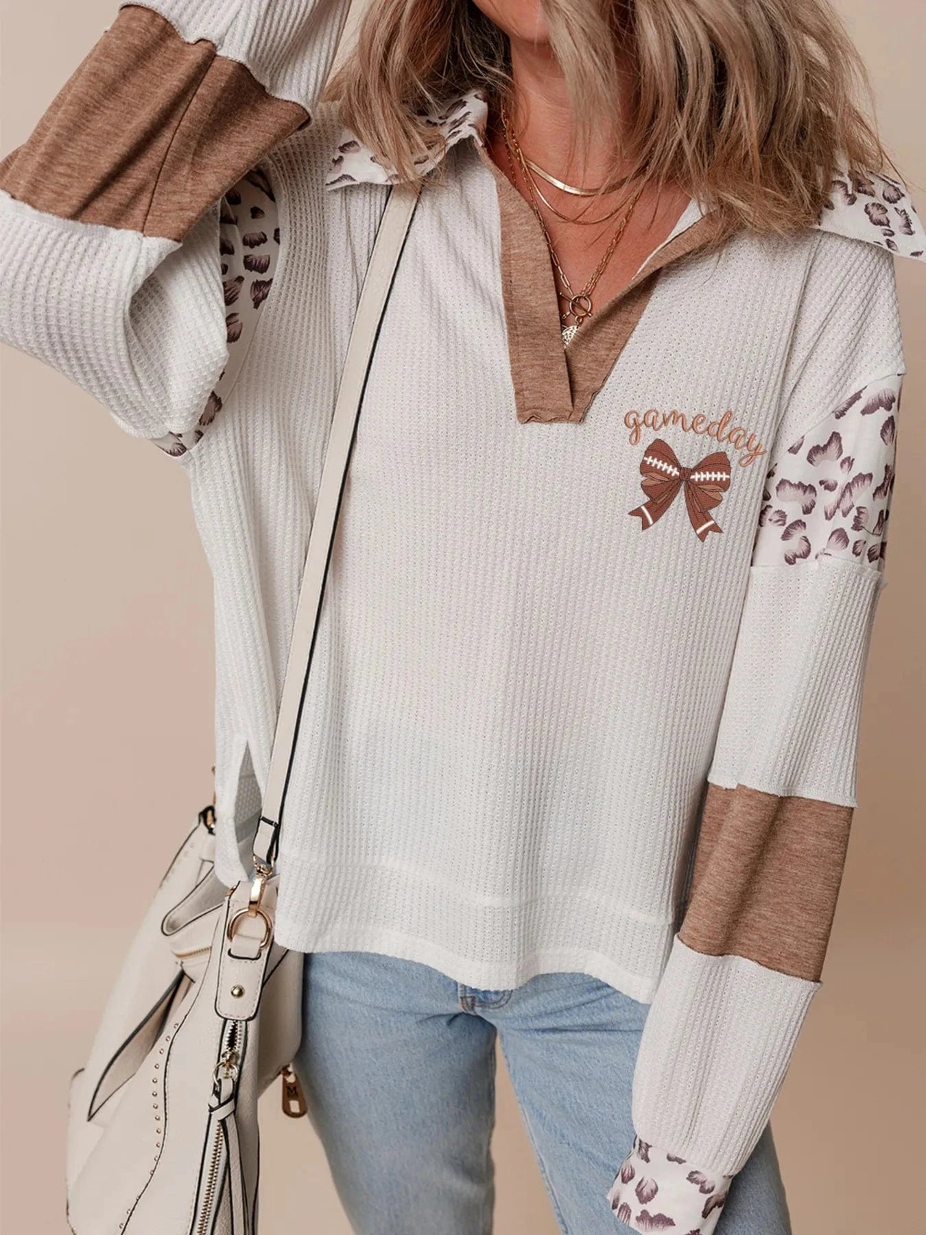 Game Day Bow Embroidered Leopard Color Block Patchwork Top - ShalayeFashion