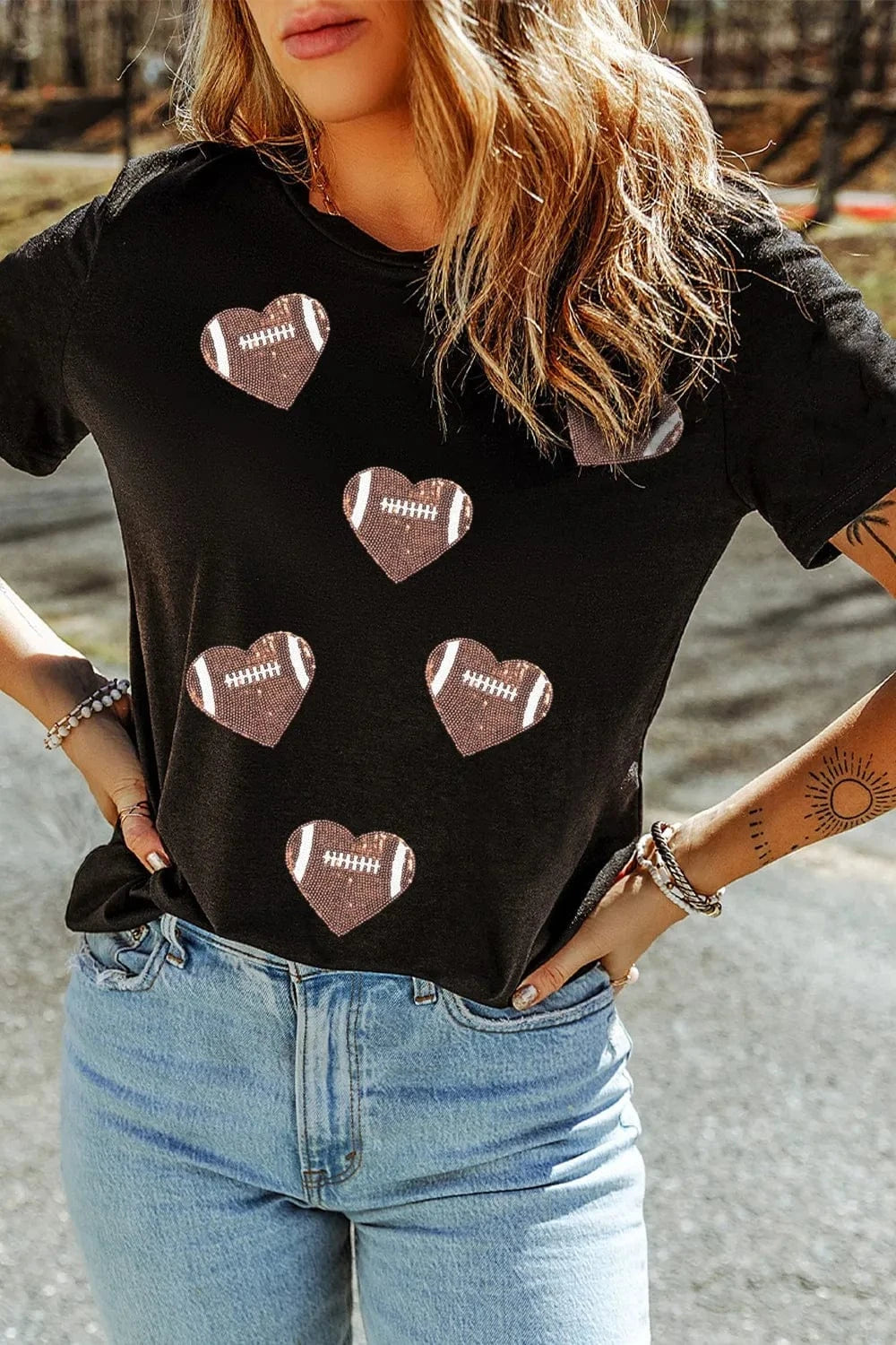 Game Day Football Heart Round Neck T-Shirt - ShalayeFashion