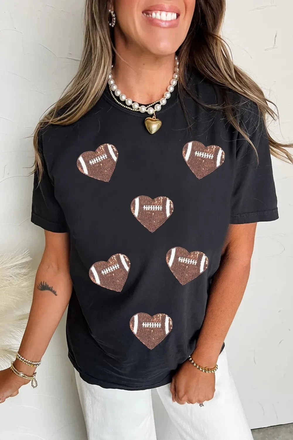 Game Day Football Heart Round Neck T-Shirt - ShalayeFashion