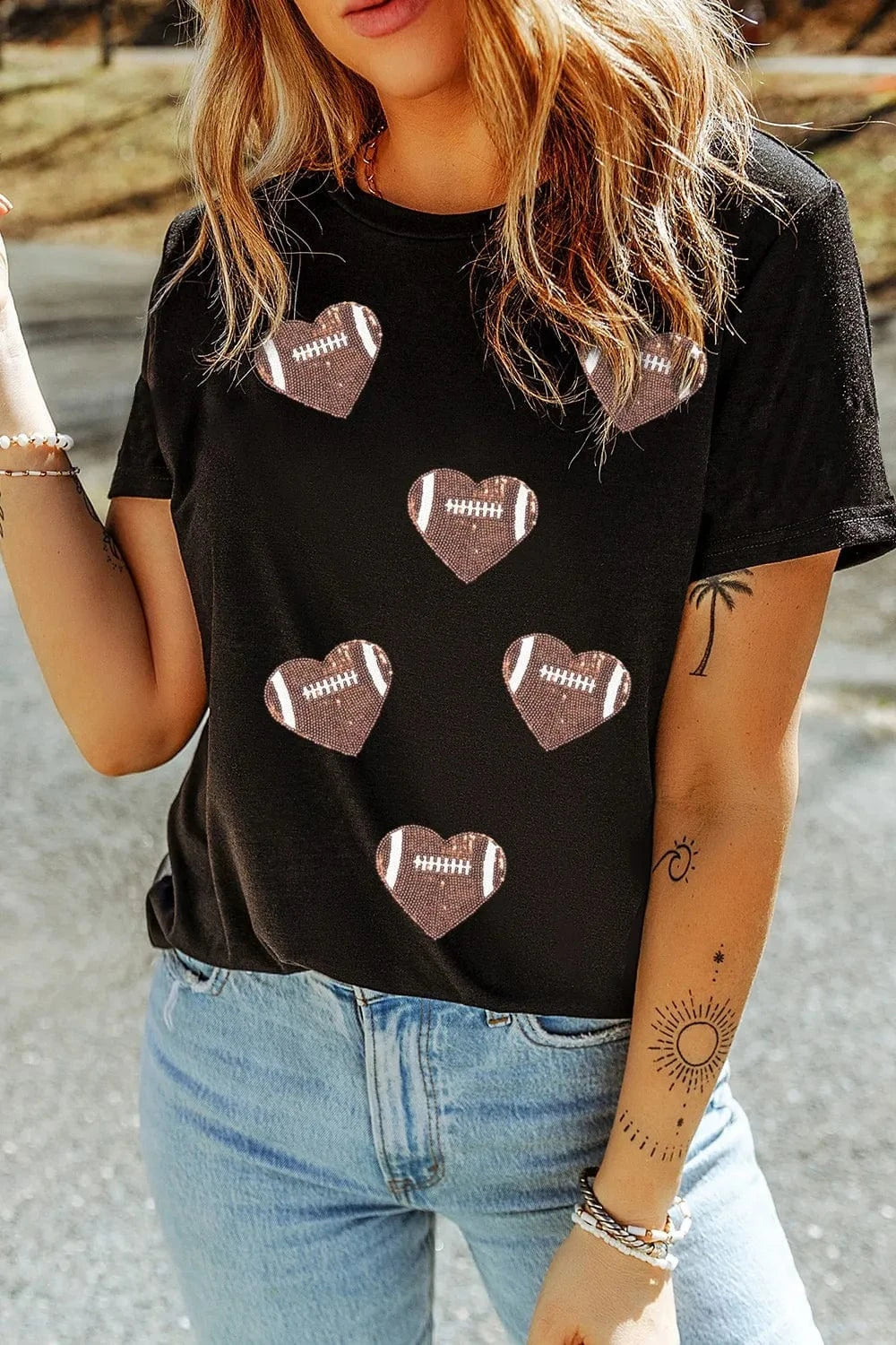Game Day Football Heart Round Neck T-Shirt - ShalayeFashion