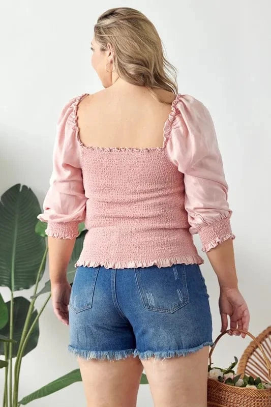 GeeGee Full Size Ruffled Smocked Frill Square Neck Top Plus Size - ShalayeFashion