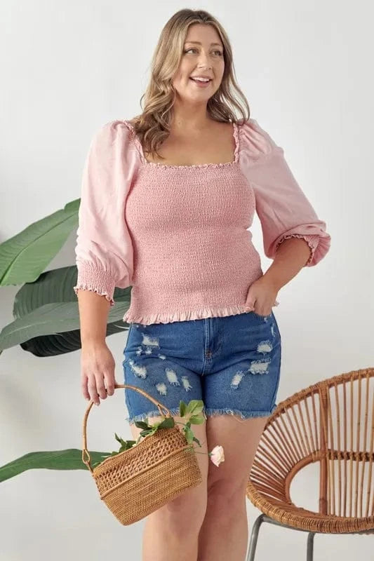 GeeGee Full Size Ruffled Smocked Frill Square Neck Top Plus Size - ShalayeFashion