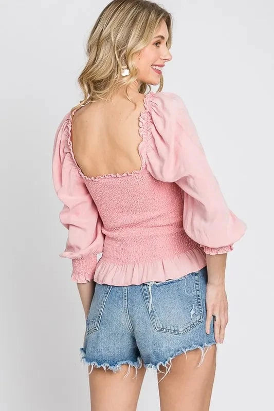 GeeGee Full Size Ruffled Smocked Frill Square Neck Top Plus Size - ShalayeFashion