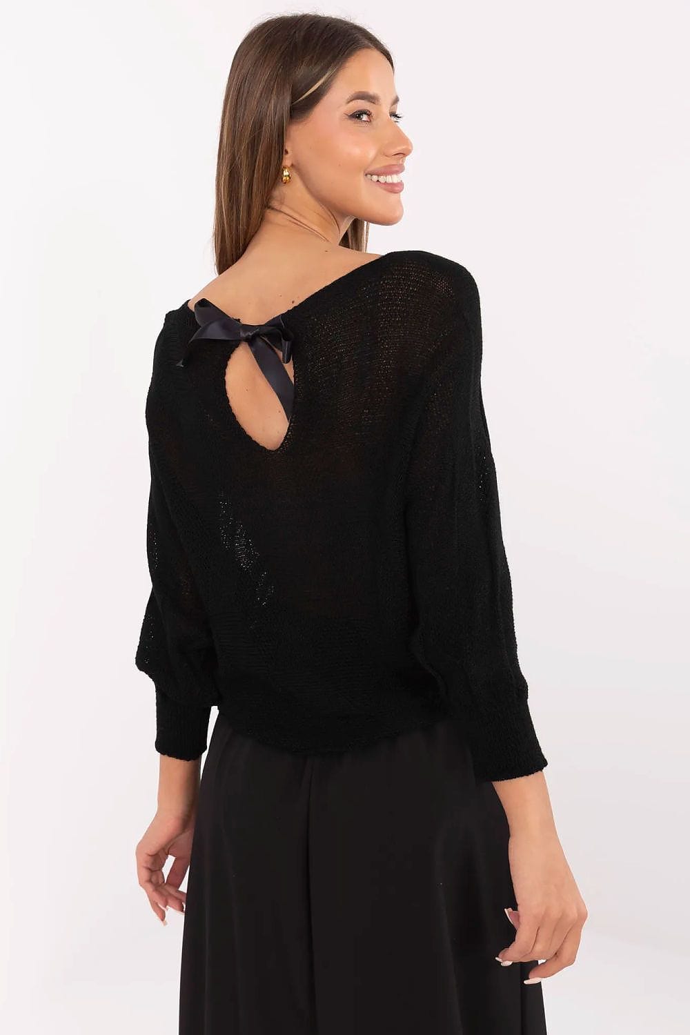 Geometric Pattern Sweater Boat Neckline Bow - ShalayeFashion