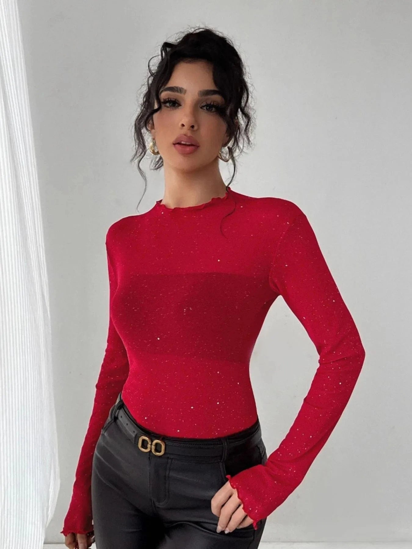 Glitter Long Sleeve Fitted Top - ShalayeFashion