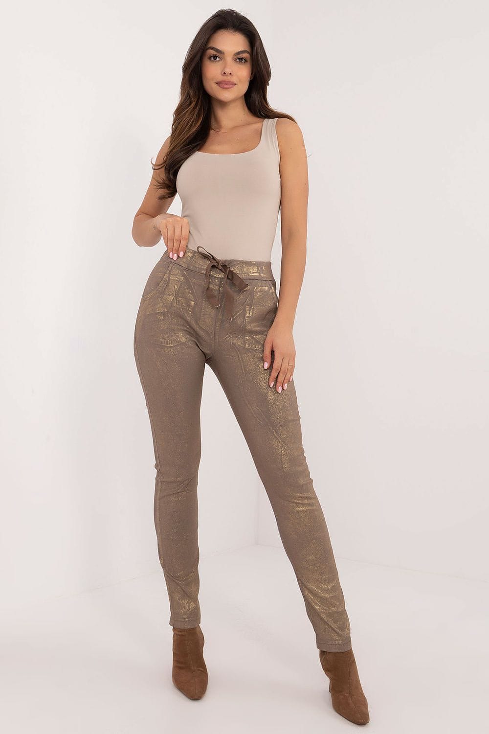 Glossy Fabric Pants Mid Rise Tapered - ShalayeFashion