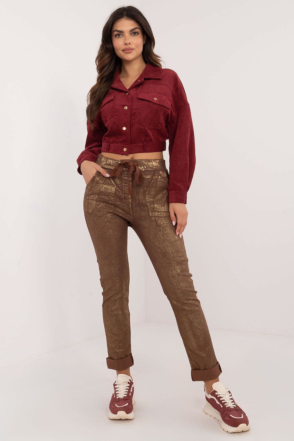 Glossy Fabric Pants Mid Rise Tapered - ShalayeFashion