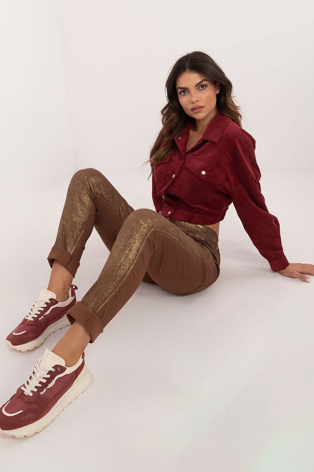 Glossy Fabric Pants Mid Rise Tapered - ShalayeFashion