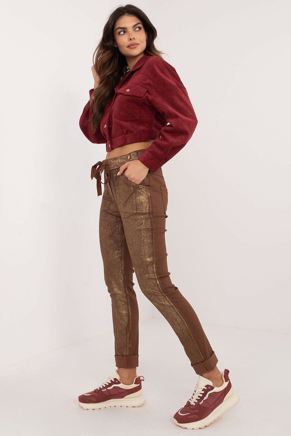 Glossy Fabric Pants Mid Rise Tapered - ShalayeFashion