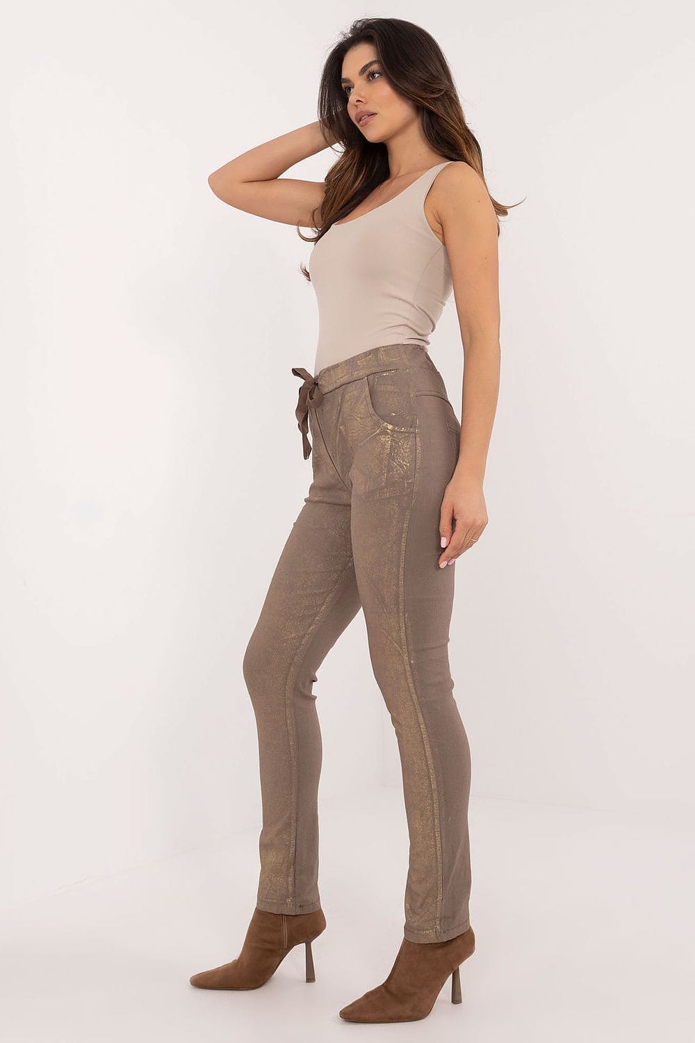 Glossy Fabric Pants Mid Rise Tapered - ShalayeFashion
