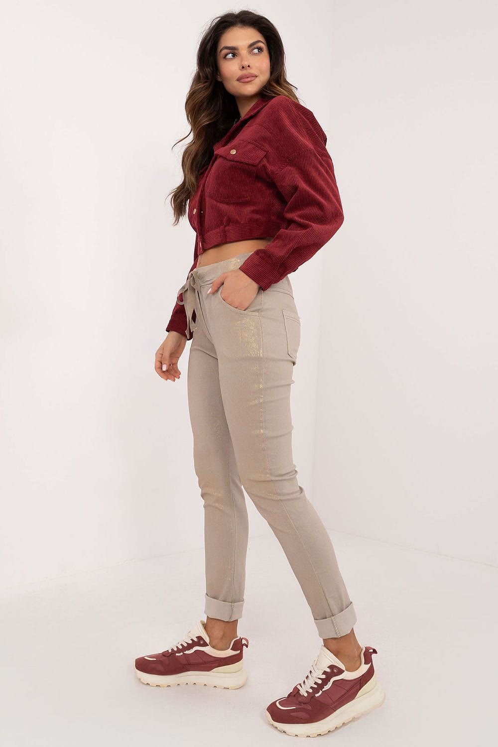 Glossy Fabric Pants Mid Rise Tapered - ShalayeFashion