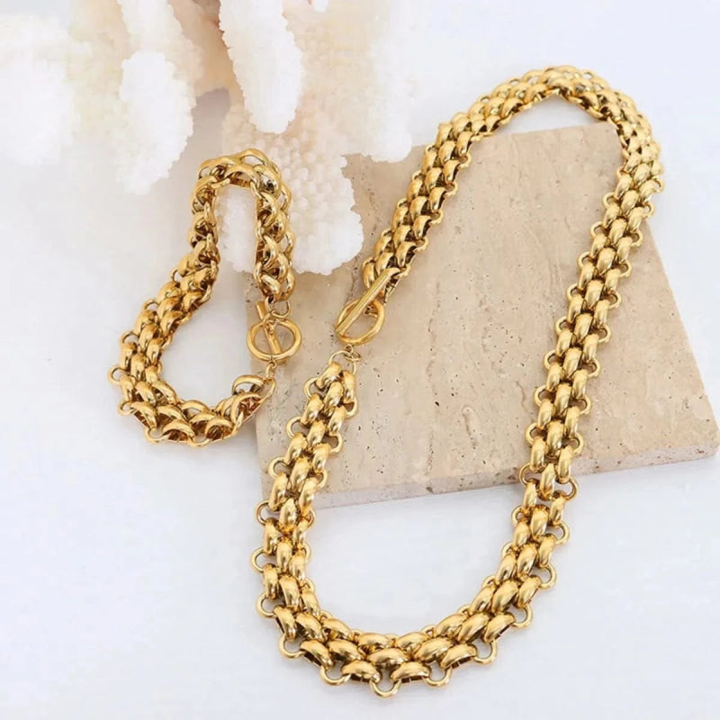 Gold Chain Link Jewelry Set with Necklace and Bracelet - ShalayeFashion