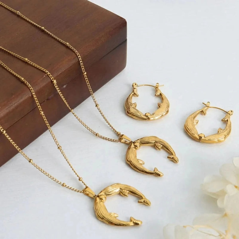 Gold Dolphin Jewelry Set with Necklace and Earrings - ShalayeFashion