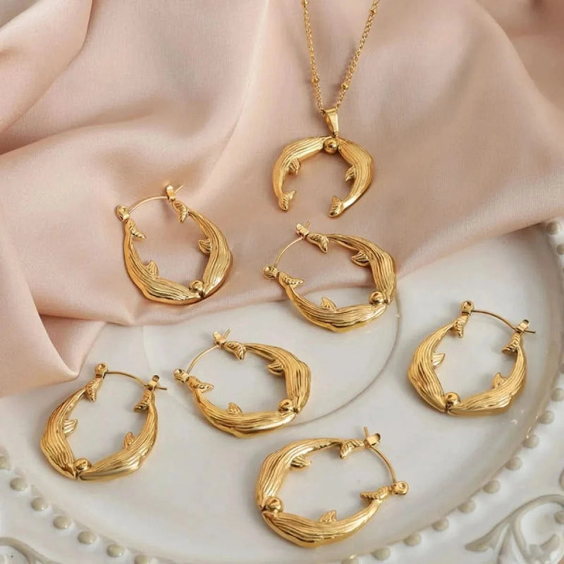 Gold Dolphin Jewelry Set with Necklace and Earrings - ShalayeFashion