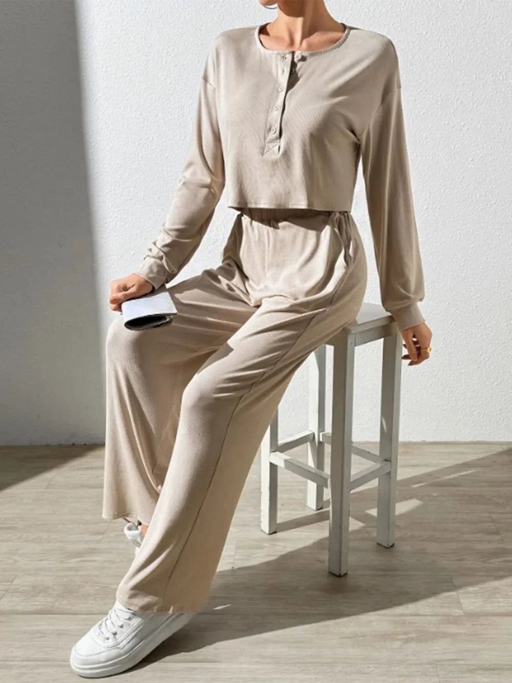 Half Button Long Sleeve Top and Pants Set - ShalayeFashion