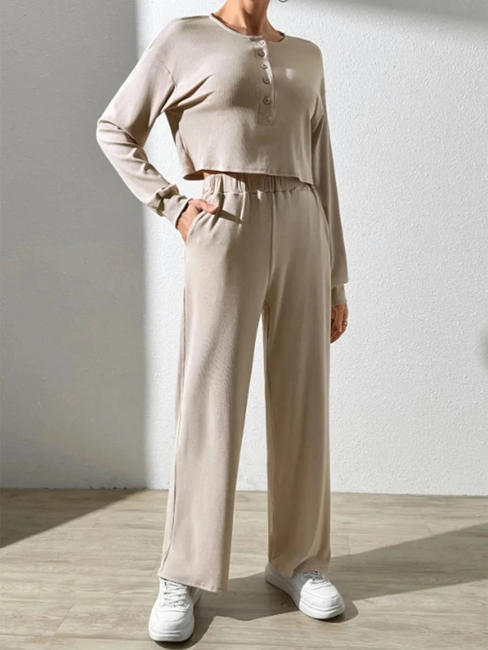 Half Button Long Sleeve Top and Pants Set - ShalayeFashion