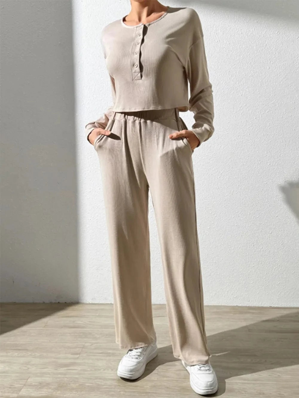 Half Button Long Sleeve Top and Pants Set - ShalayeFashion