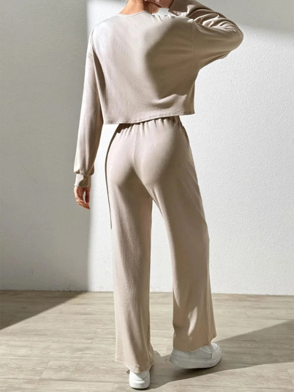 Half Button Long Sleeve Top and Pants Set - ShalayeFashion