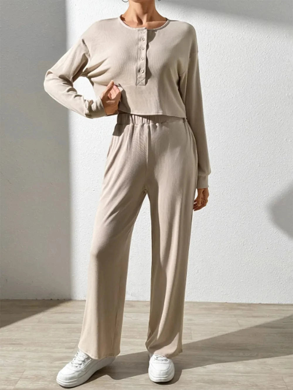 Half Button Long Sleeve Top and Pants Set - ShalayeFashion