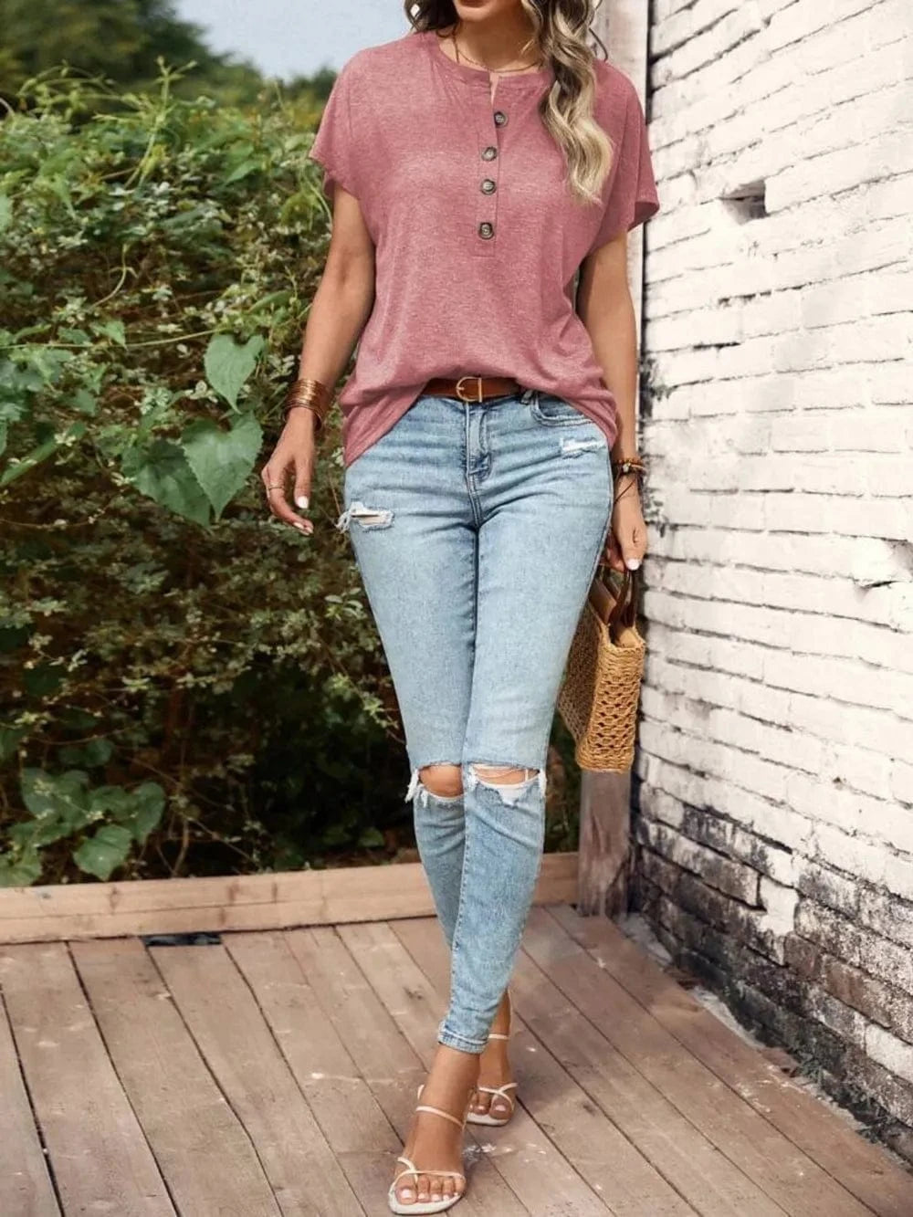 Half Button Short Sleeve Top - ShalayeFashion