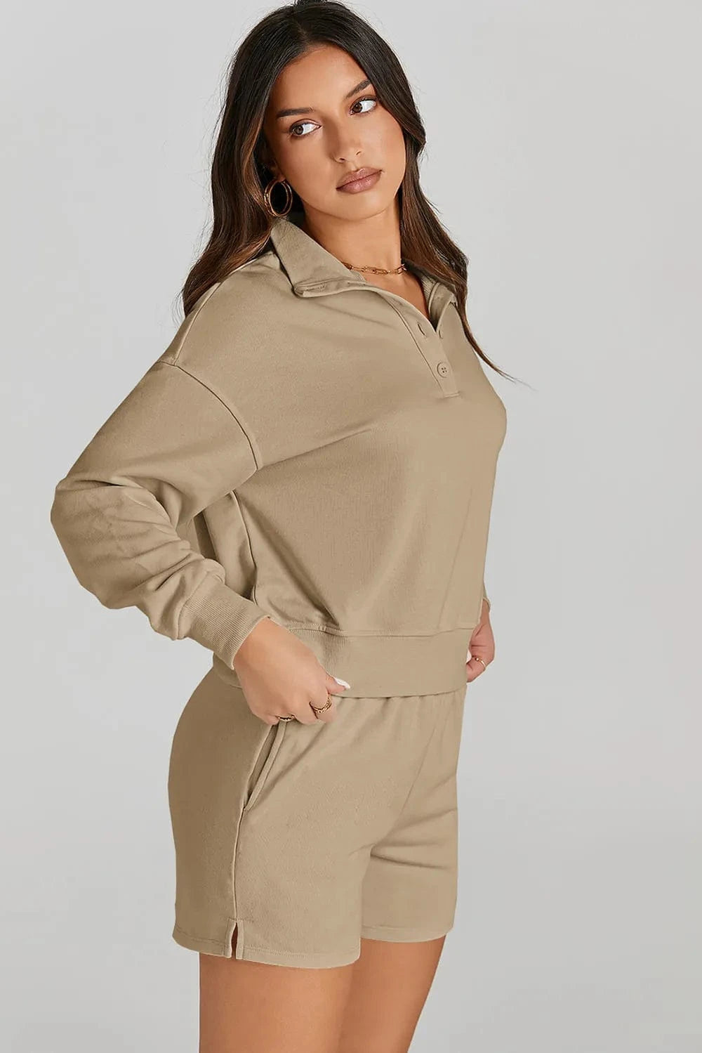 Half Button Sweatshirt and Shorts Active Set - ShalayeFashion