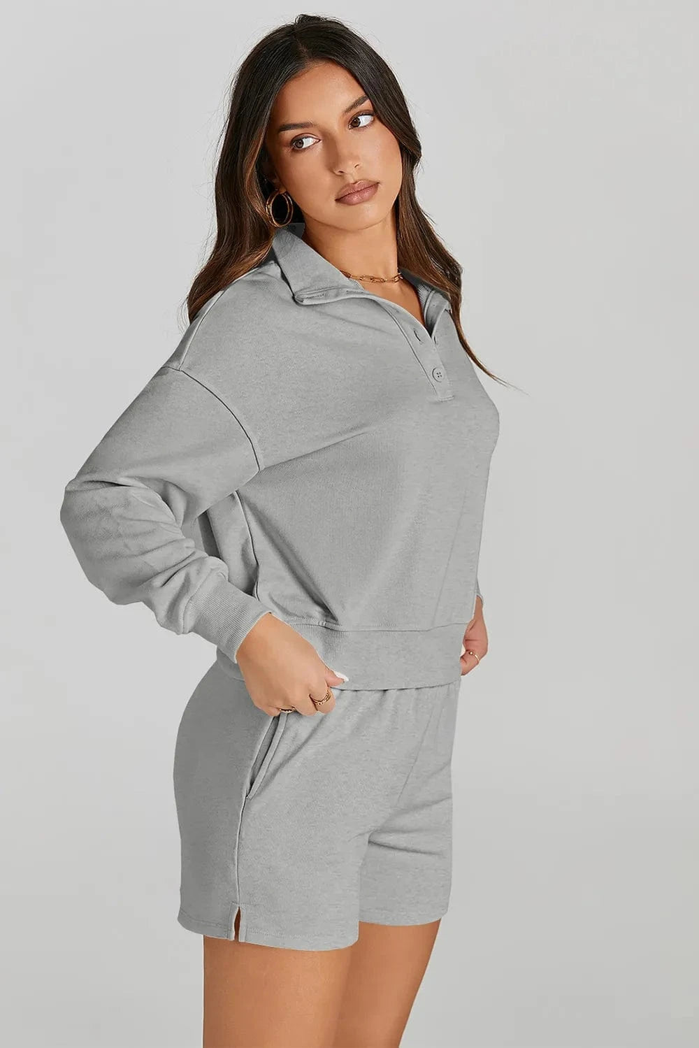 Half Button Sweatshirt and Shorts Active Set - ShalayeFashion