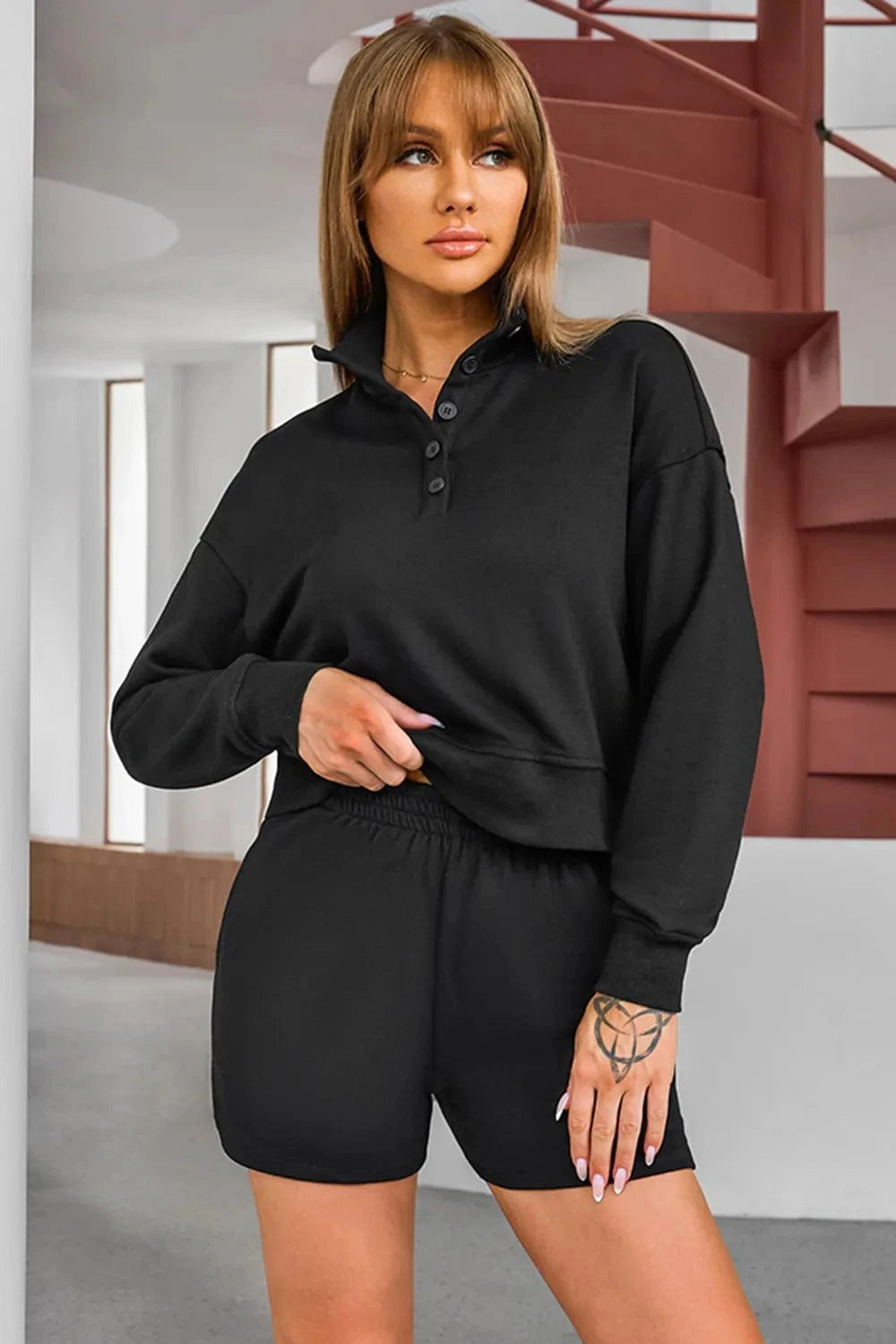 Half Button Sweatshirt and Shorts Active Set - ShalayeFashion