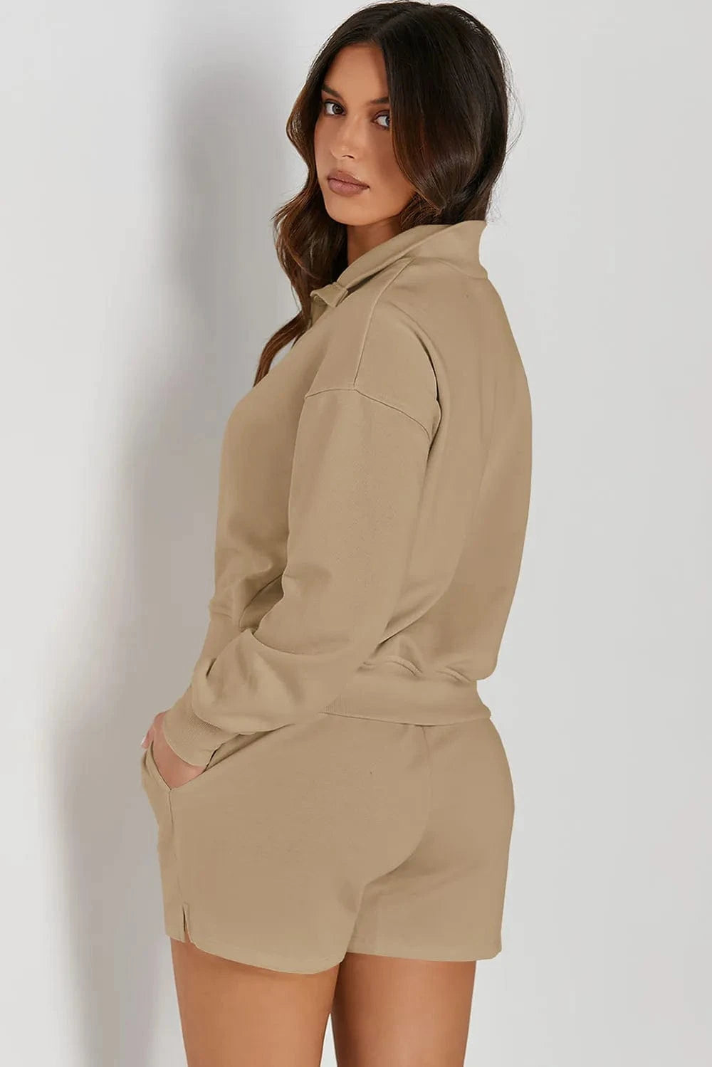 Half Button Sweatshirt and Shorts Active Set - ShalayeFashion