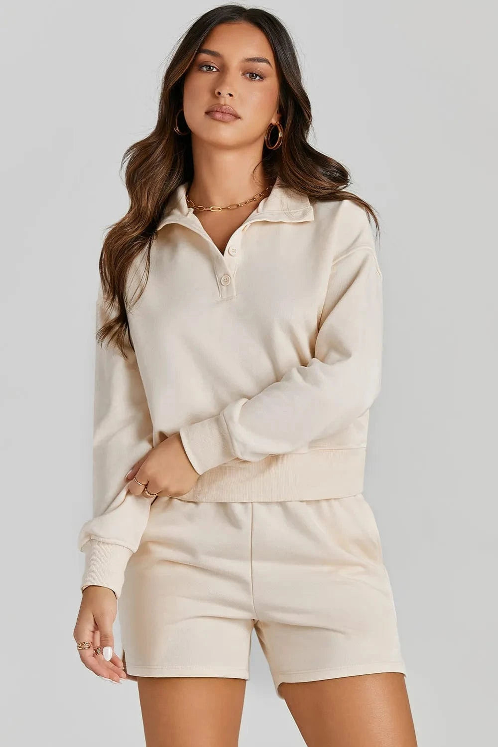 Half Button Sweatshirt and Shorts Active Set - ShalayeFashion