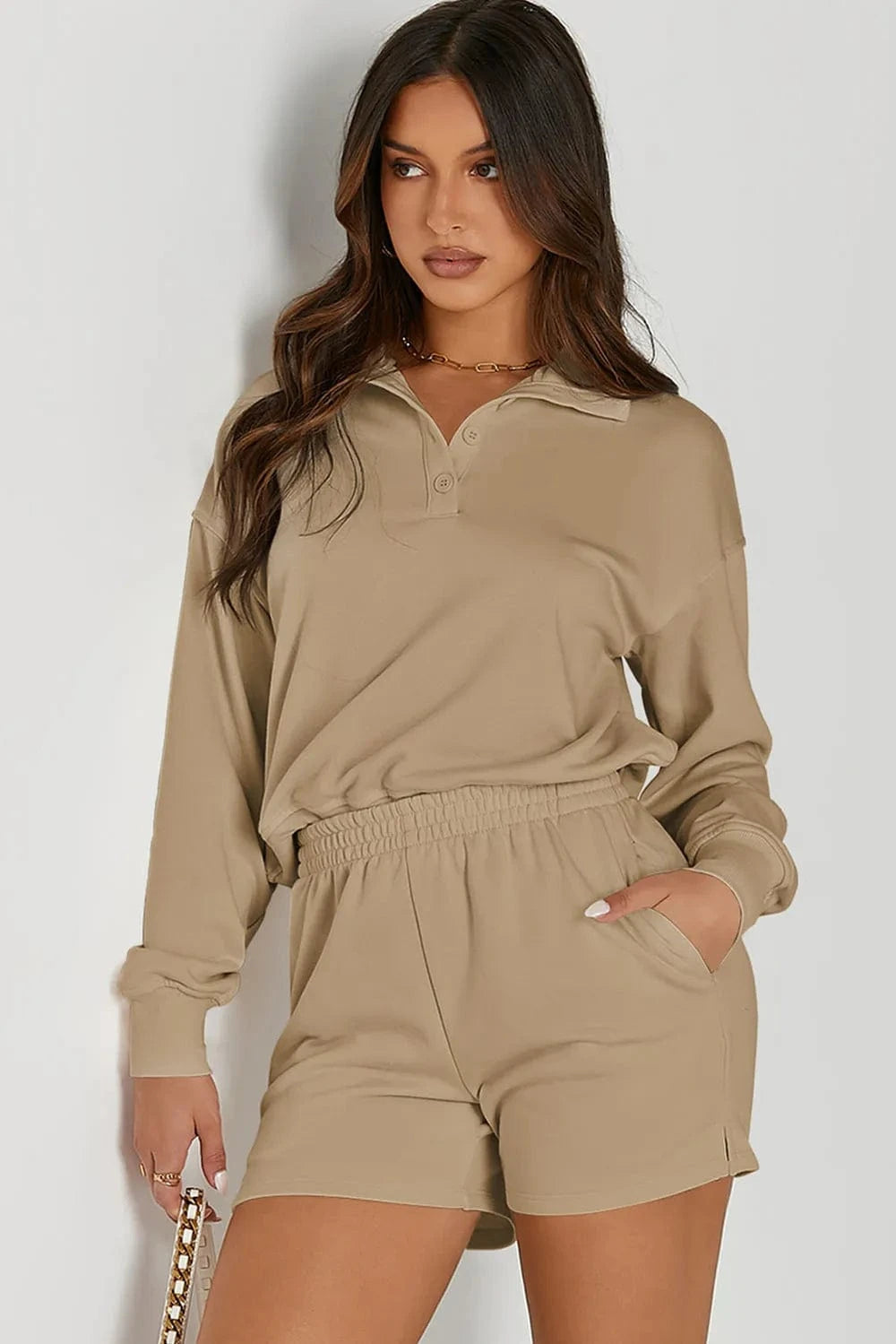 Half Button Sweatshirt and Shorts Active Set - ShalayeFashion