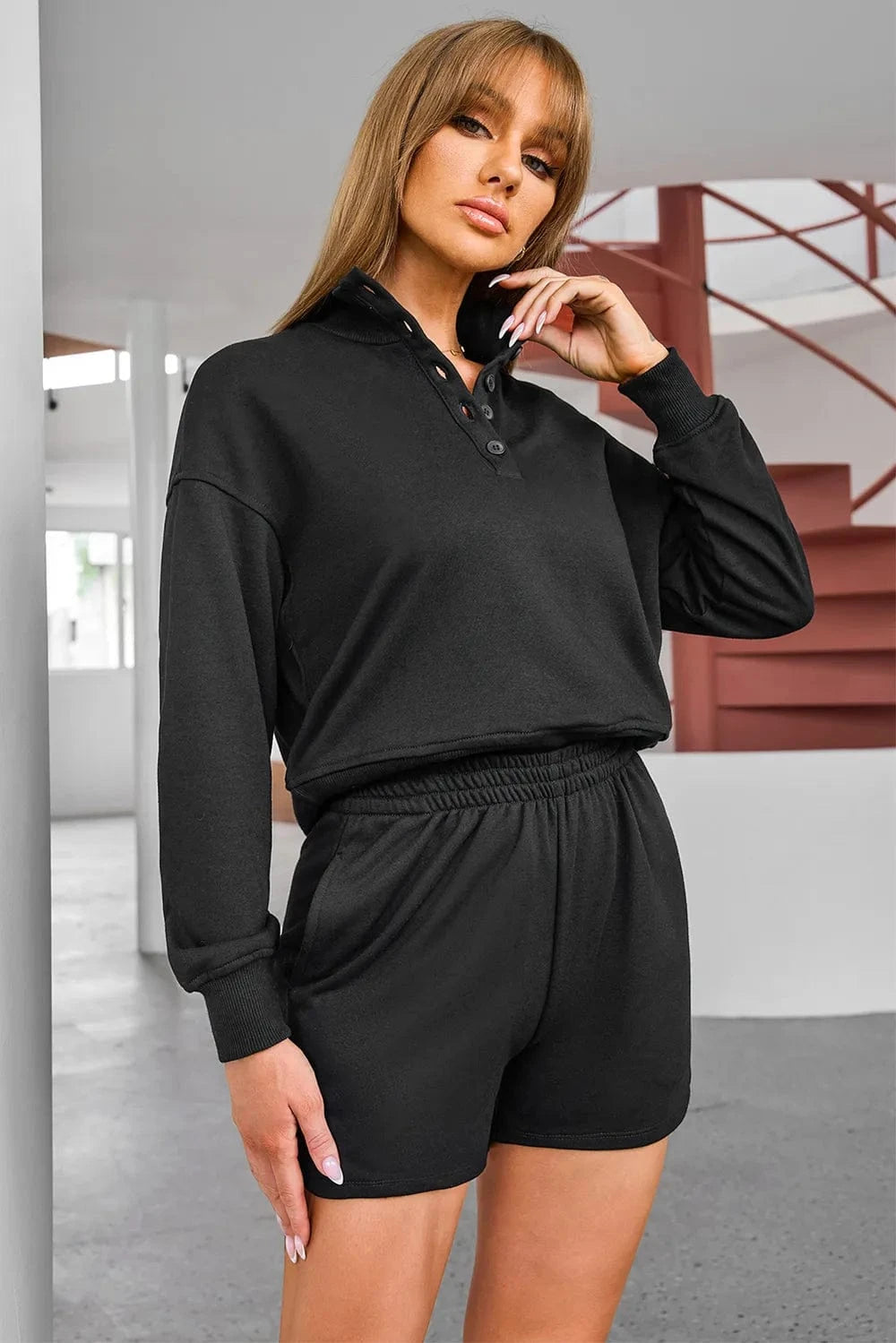 Half Button Sweatshirt and Shorts Active Set - ShalayeFashion