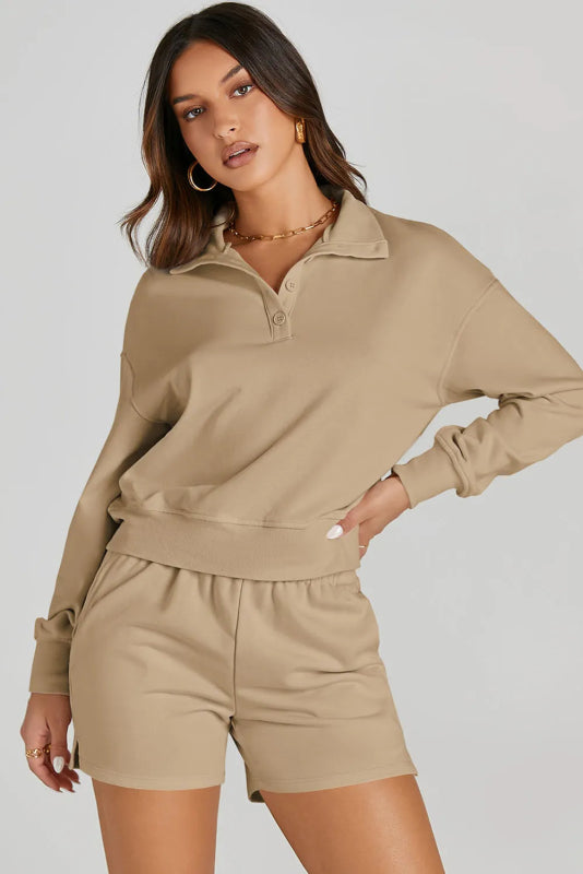 Half Button Sweatshirt and Shorts Active Set - ShalayeFashion