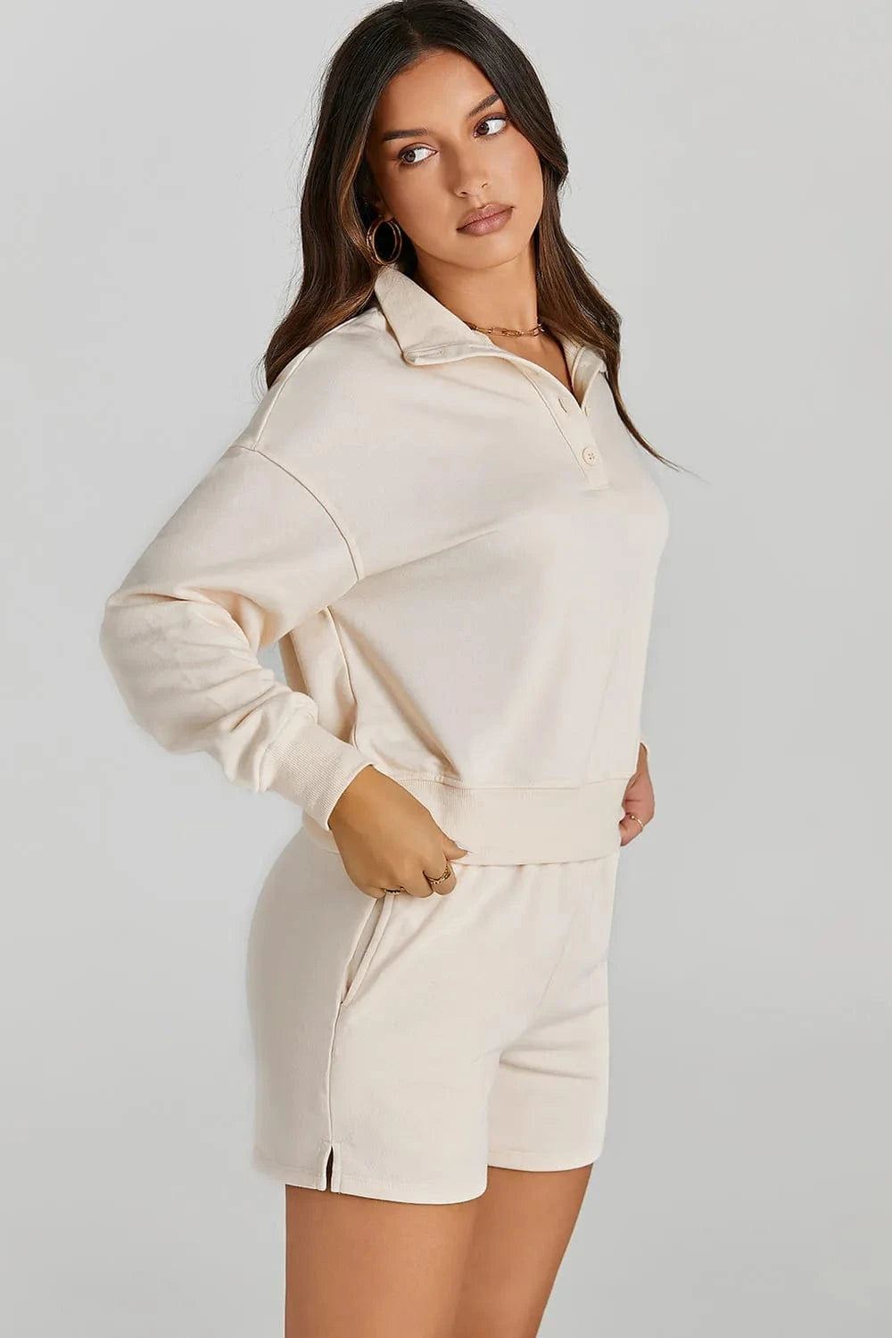 Half Button Sweatshirt and Shorts Active Set - ShalayeFashion