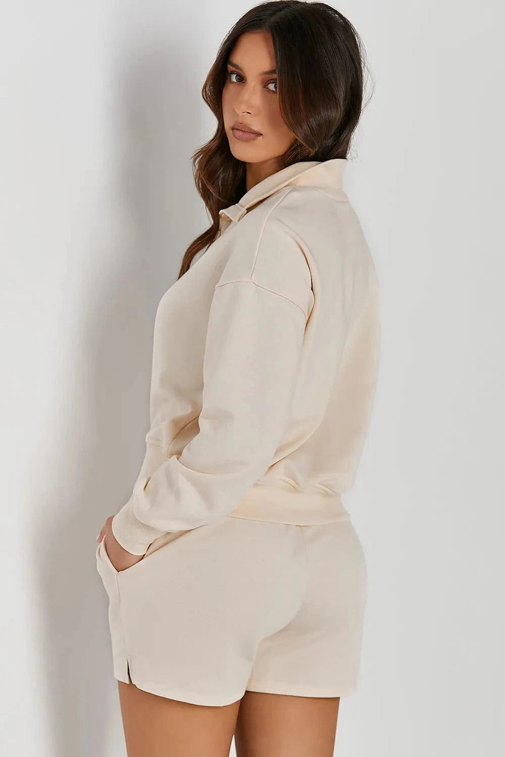 Half Button Sweatshirt and Shorts Active Set - ShalayeFashion