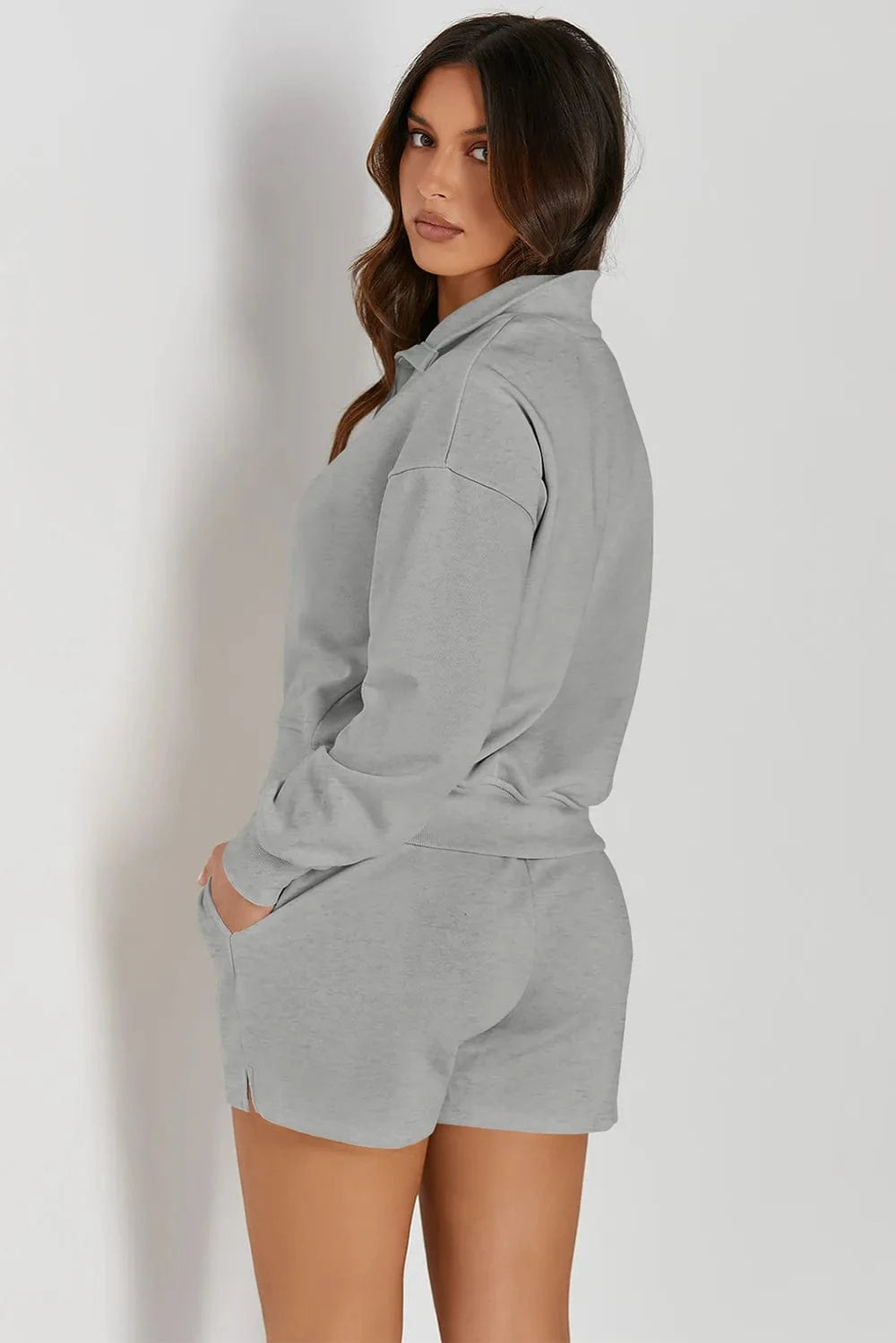 Half Button Sweatshirt and Shorts Active Set - ShalayeFashion