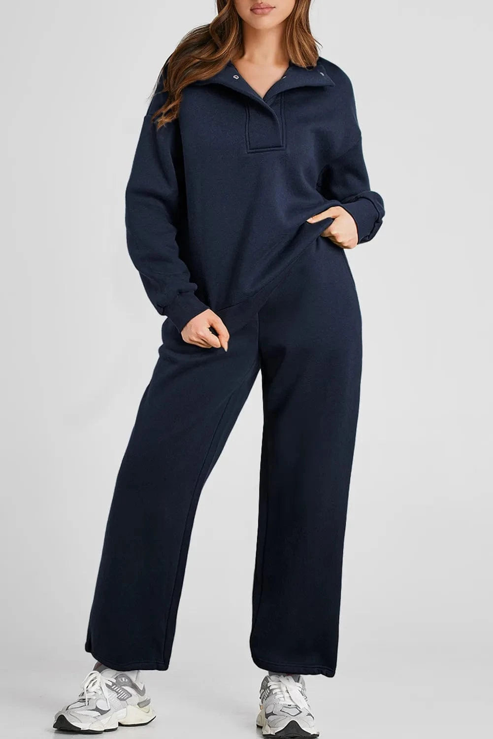 Half Snap Long Sleeve Top and Pants Active Set - ShalayeFashion