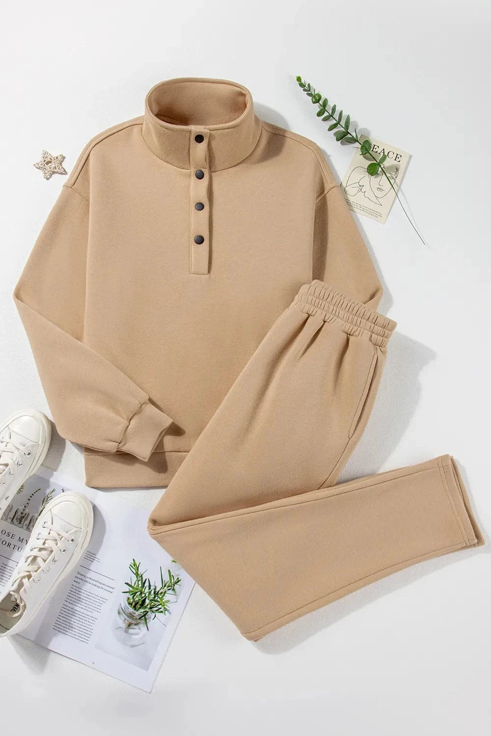 Half Snap Turtleneck Top and Pants Active Set - ShalayeFashion