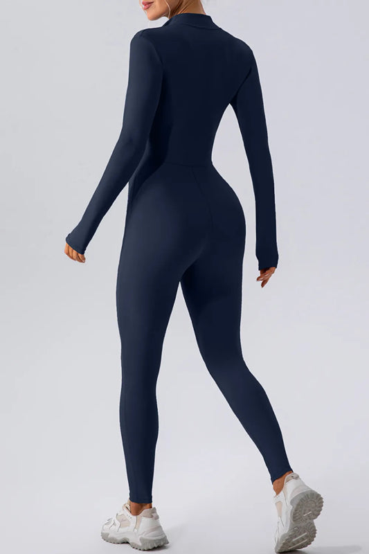 Half Zip Mock Neck Active Jumpsuit - ShalayeFashion