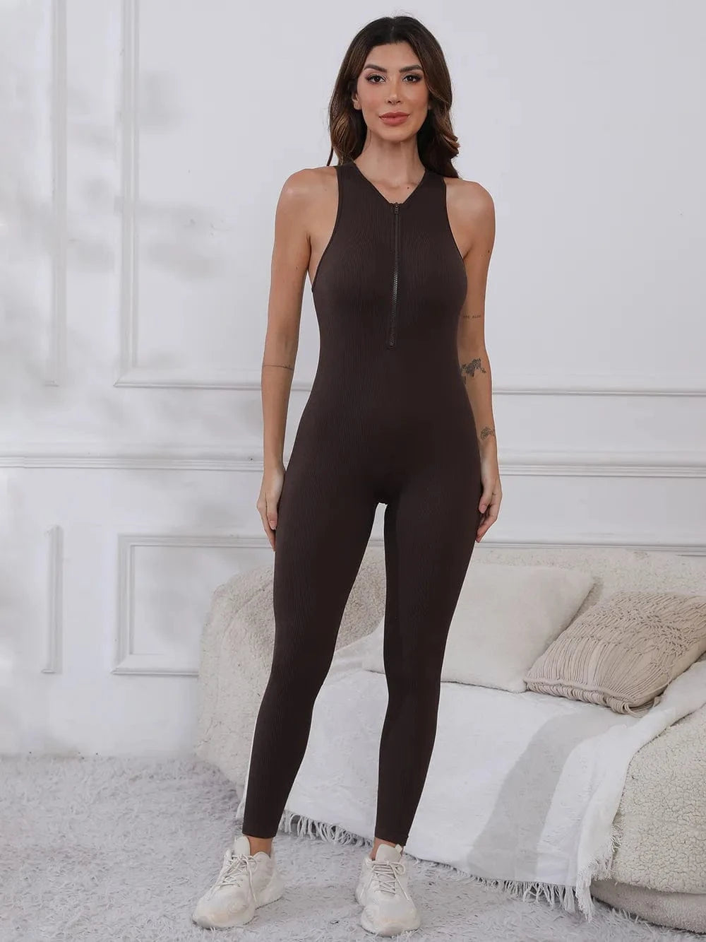 Half Zip Wide Strap Active Jumpsuit - ShalayeFashion